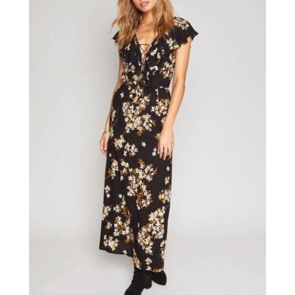 AMUSE Society | Black Floral Alana Maxi Dress Lace up Neck | Size Small - Picture 1 of 7